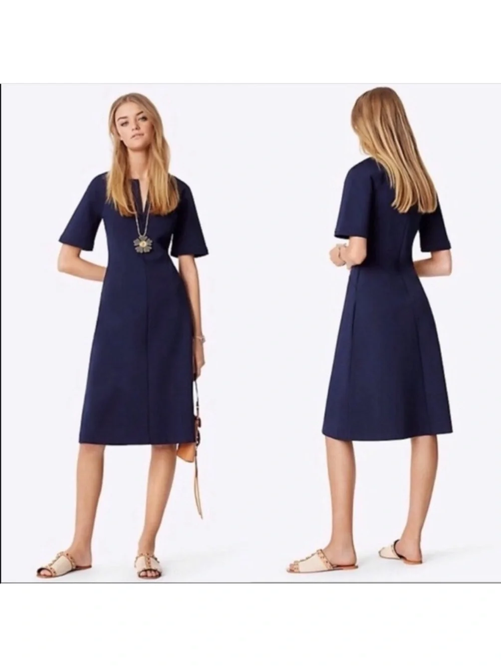 Tory Burch Jules Midi A-Line Dress Navy Blue Size S Short Sleeve Career